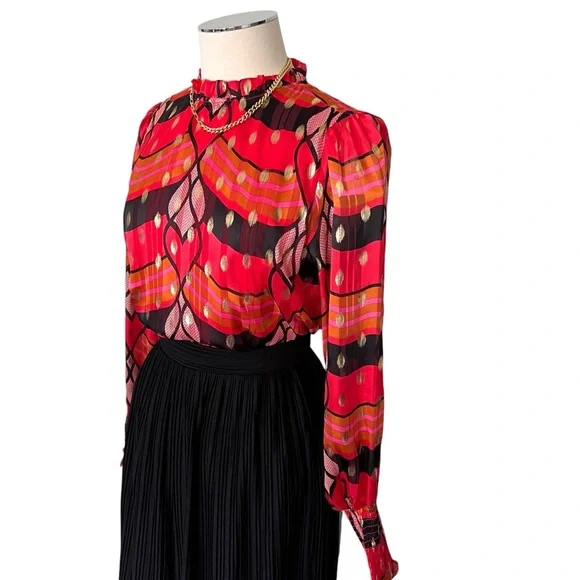 New JOIE Multicolored Ruffle Mandarin Collar Puff Sleeve Blouse Gold Accent Sz M - Picture 4 of 12